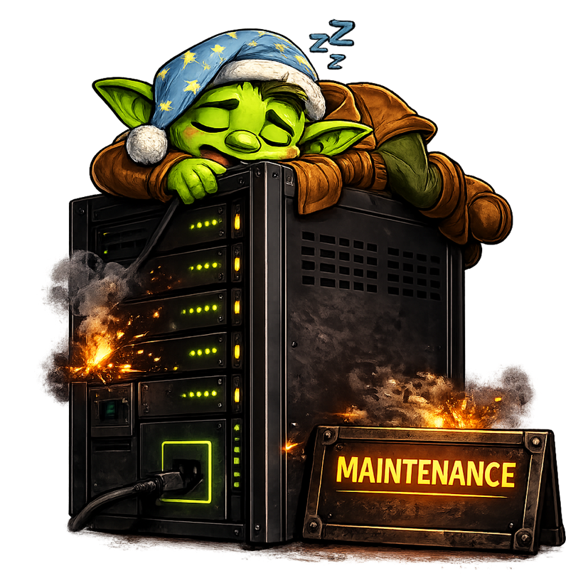 A goblin napping on top of a server rack